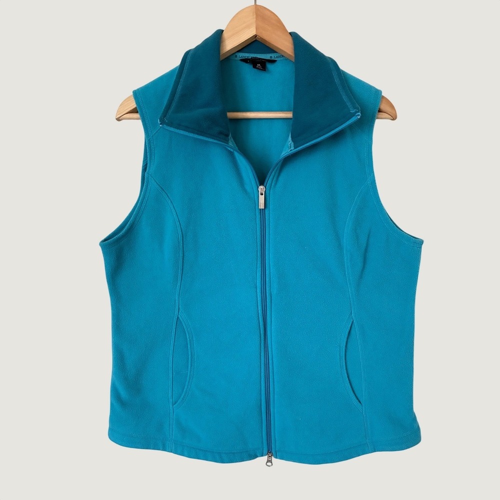 Lands End ThermaCheck Fleece Vest Womens Medium Blue Full Zip Sleeveless Jacket